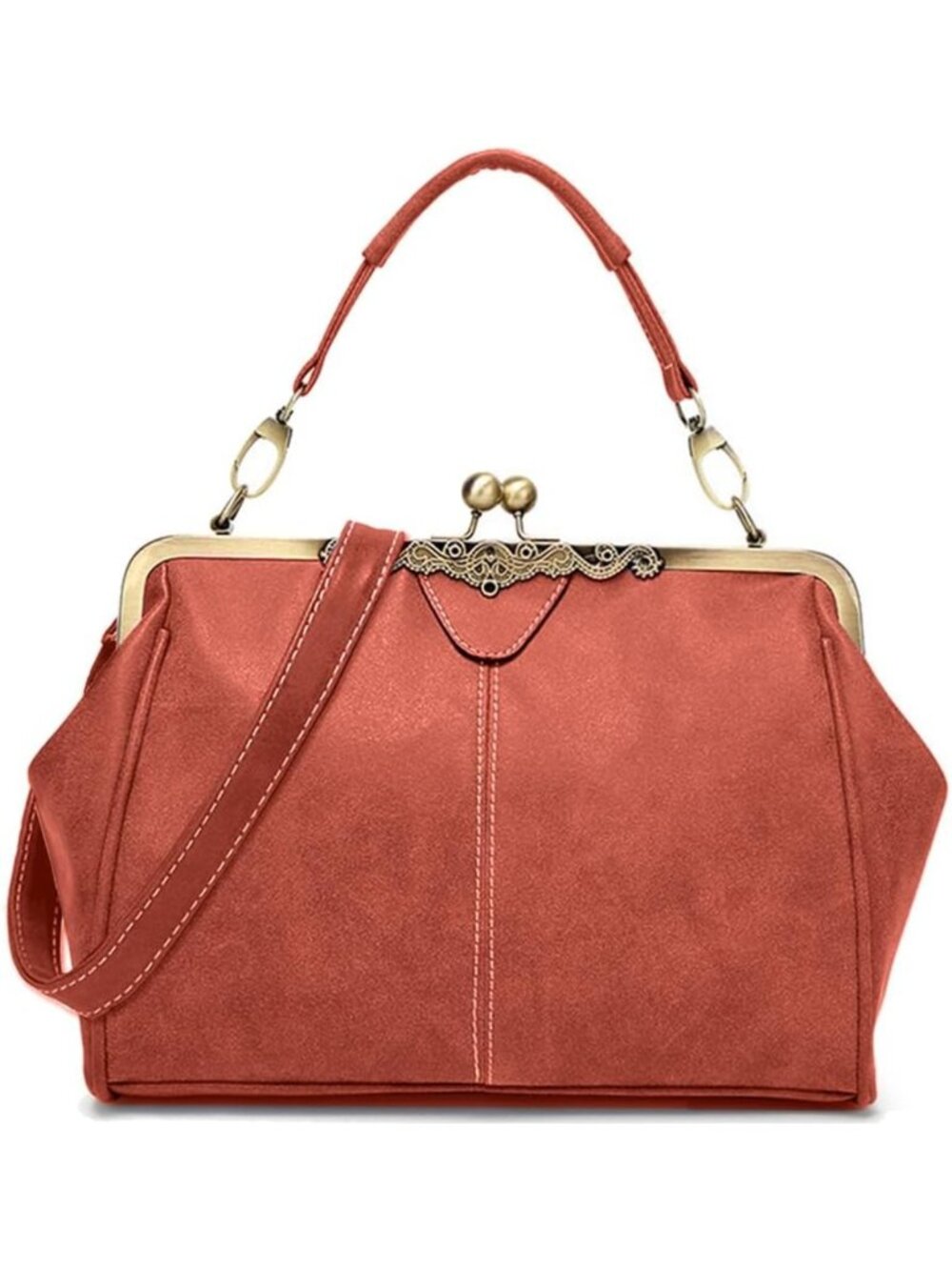 Vintage Small Retro Handbag - Kiss Lock Crossbody Purse, Frosted Leather Tote